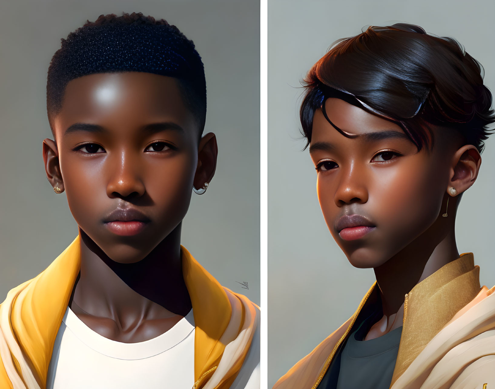 Two young boys with stylish haircuts in digital artwork.