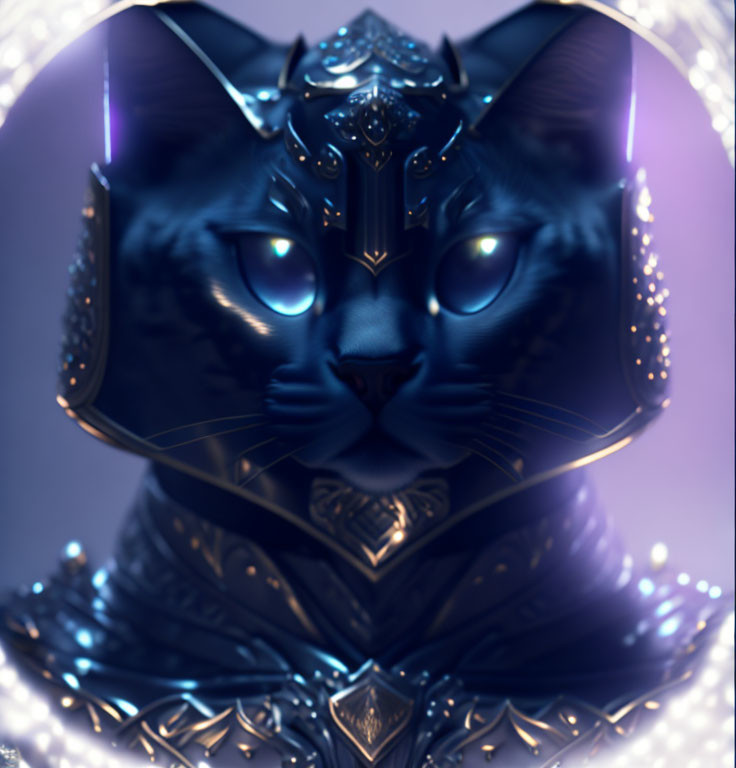 Digital Art: Majestic Black Cat in Silver Armor in Mystical Blue Environment