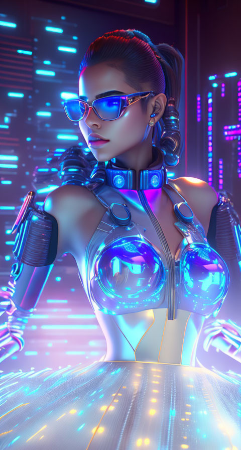 Futuristic female character with blue cybernetic elements in neon-lit setting