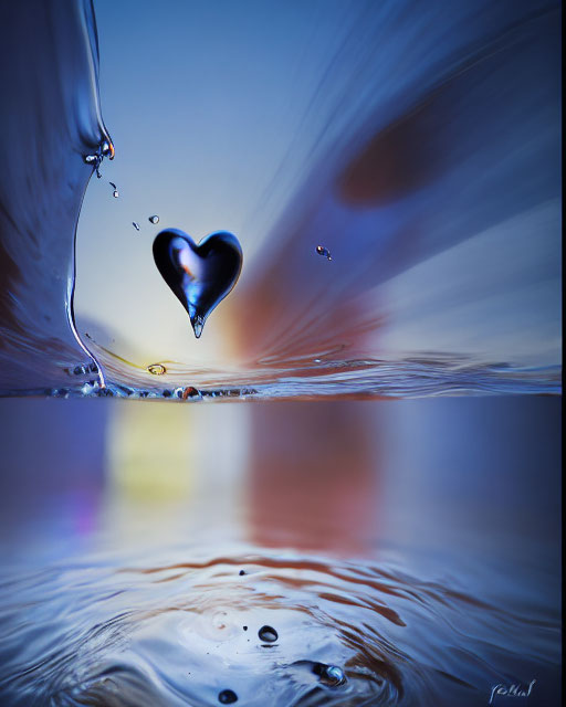 Heart-shaped water droplet frozen in dynamic splash with serene water reflection