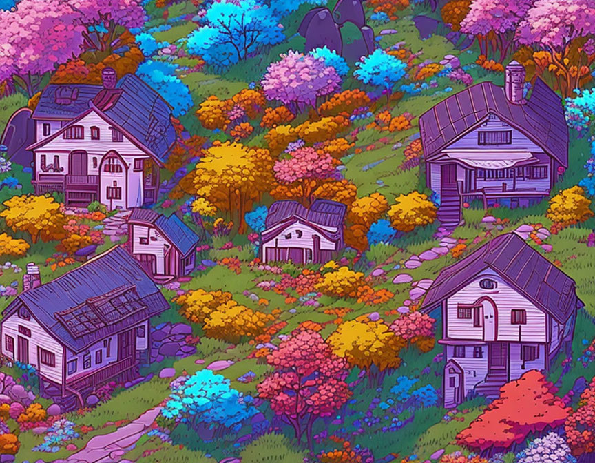 Colorful illustration of charming village with blooming trees & lush greenery