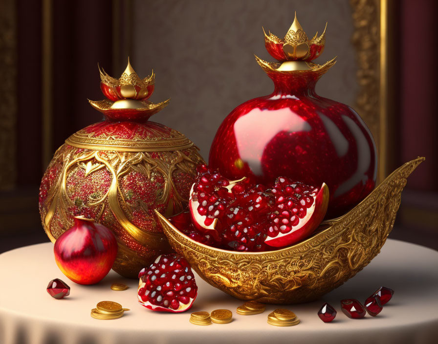 Luxurious golden vessels and pomegranate pieces on a table with jewels and coins create an atmosphere