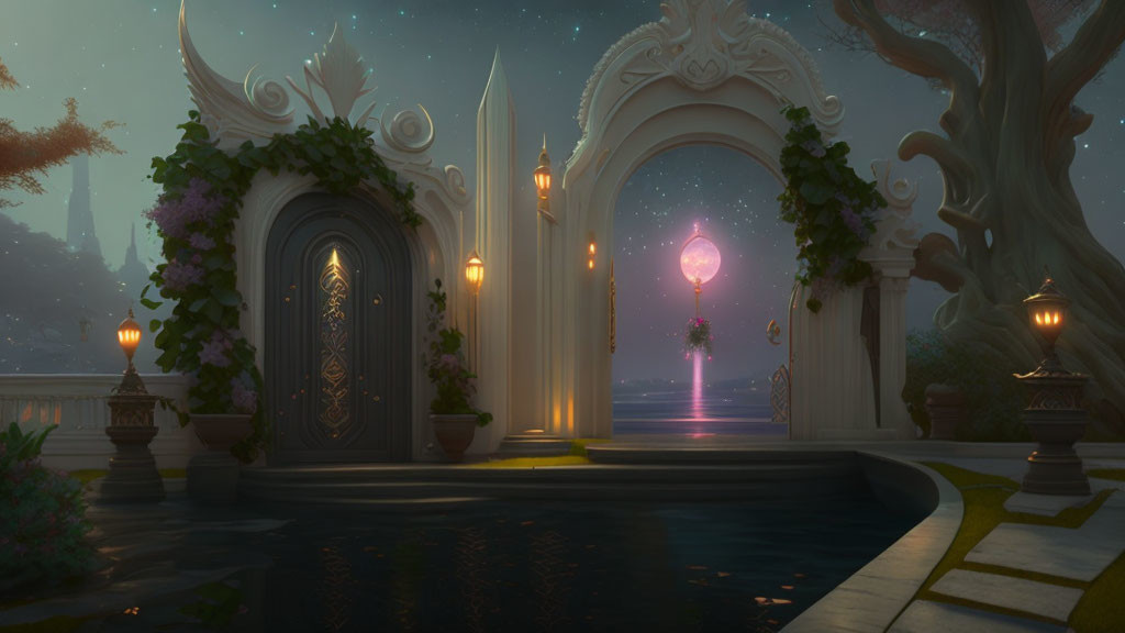 Fantasy setting with ornate gates, glowing lanterns, starry sky, and magical tree.