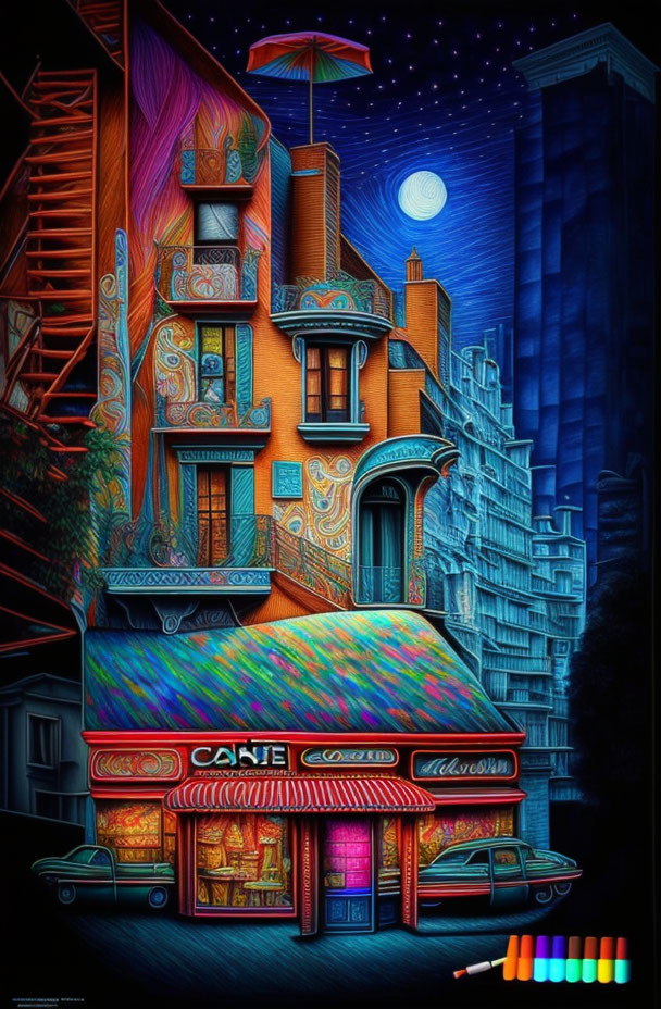 Neon-lit street scene with retro diner, classic car, and full moon