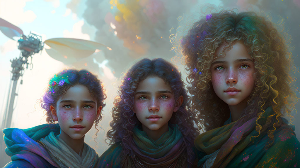 Three individuals with curly hair and freckles against a pastel sky and futuristic backdrop