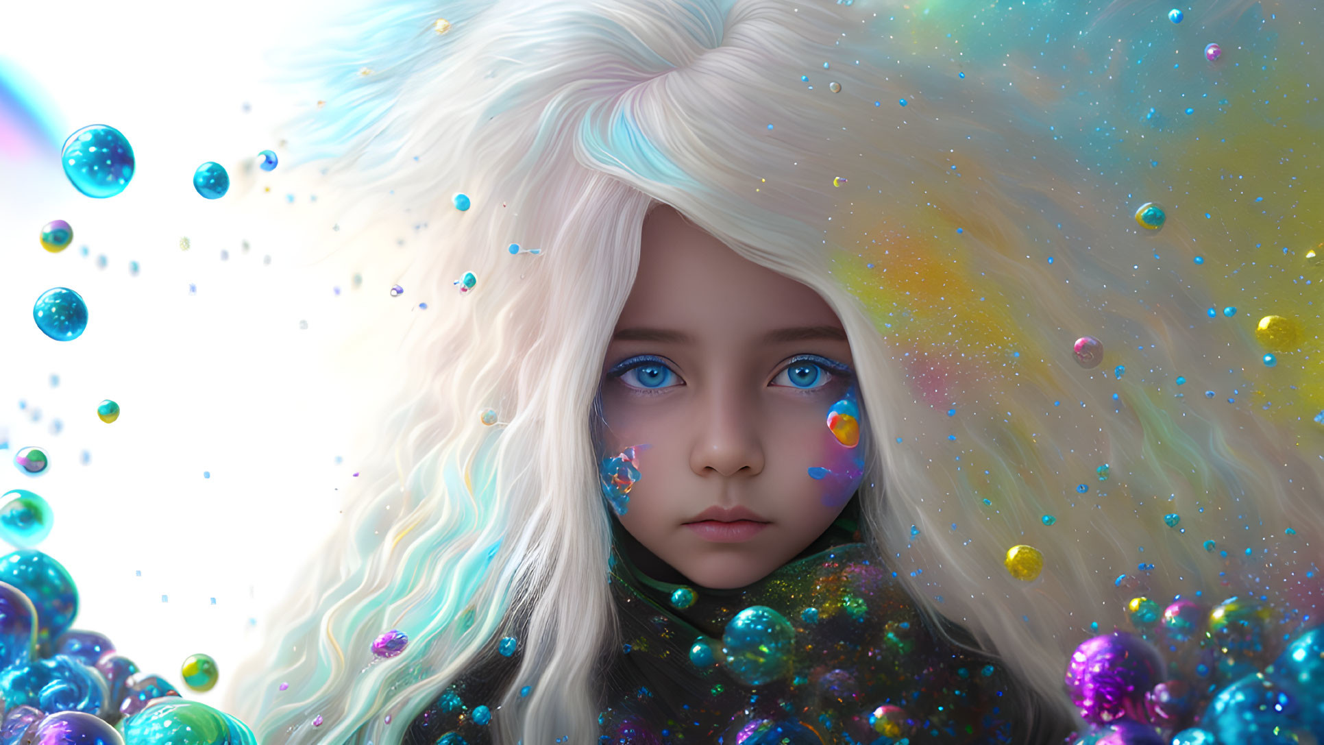 Child portrait with blue eyes, colorful bubbles, and cosmic backdrop