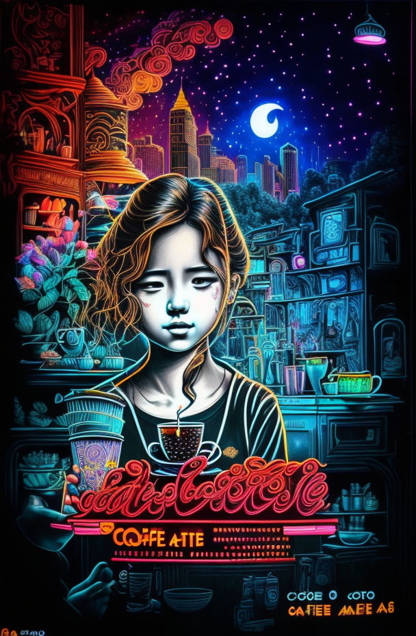 Vibrant neon-style girl in cityscape with coffee elements and starry sky