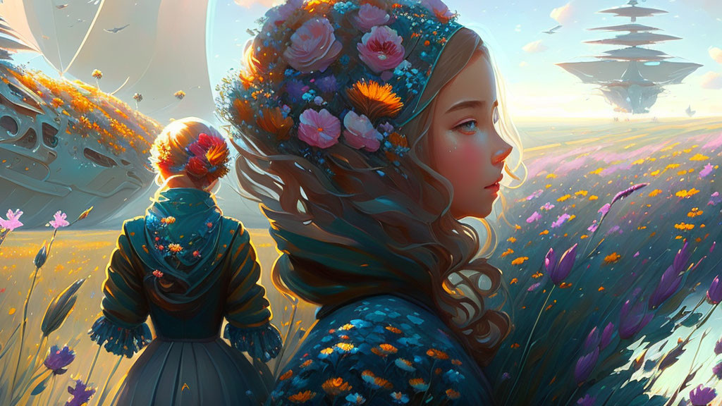 Woman with Flowered Hair in Vibrant Field with Floating Islands