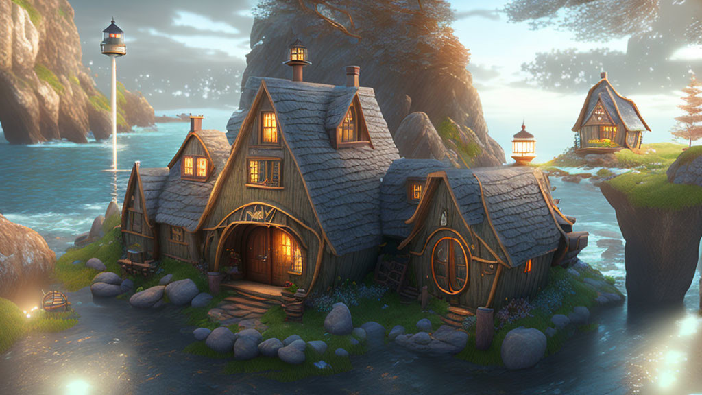 Thatched Roof Fairy Tale Cottage on Seaside Cliff at Sunset