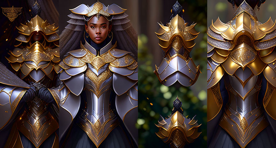 Regal Female Figure in Golden and White Fantasy Armor in Forest Setting