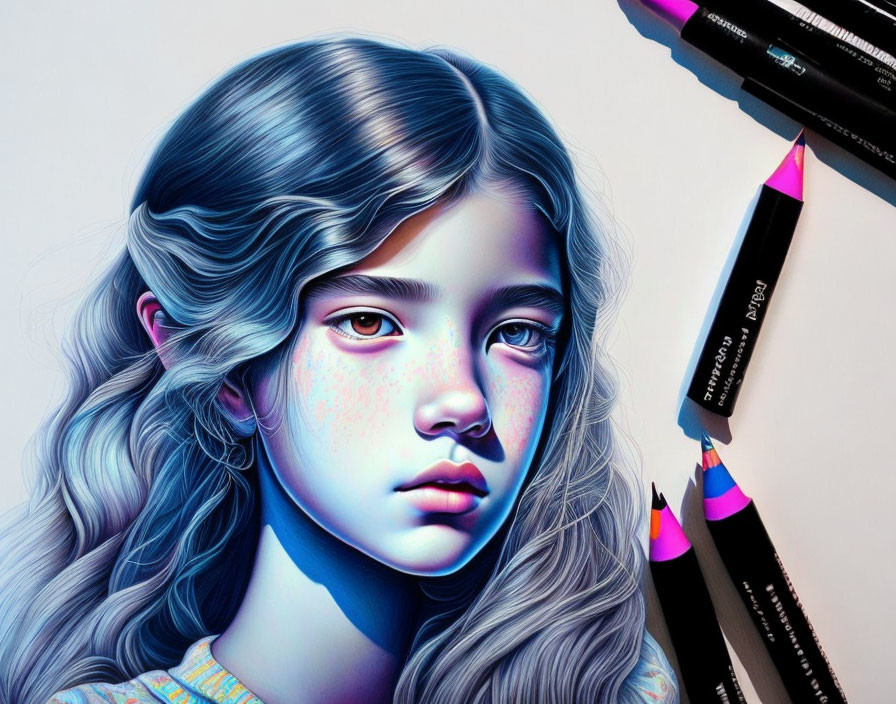 Colorful Illustration of Young Girl with Wavy Hair and Blue Tones