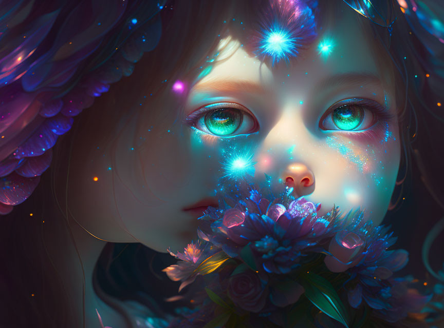 Surreal digital artwork of girl with sparkling blue eyes and floral adornments