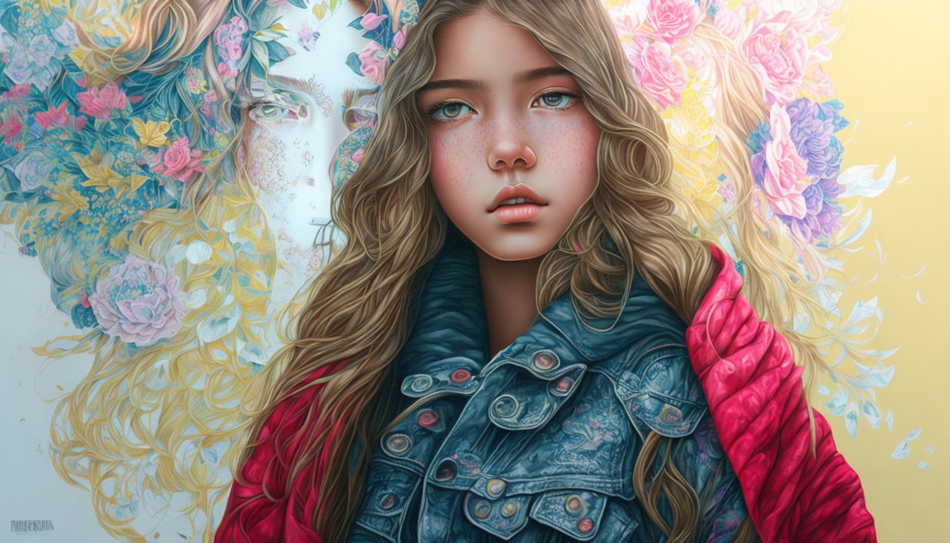 Digital artwork featuring a girl with wavy hair, freckles, and floral motif in denim and