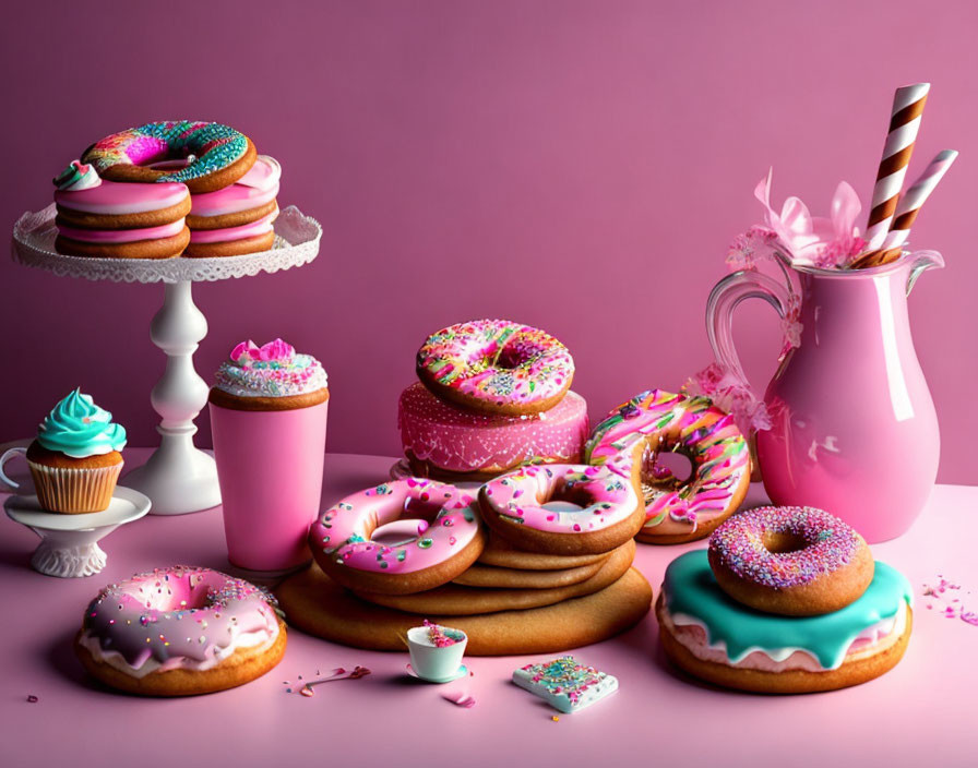 Assortment of Colorful Donuts with Pink Icing and Sprinkles on Purple Background