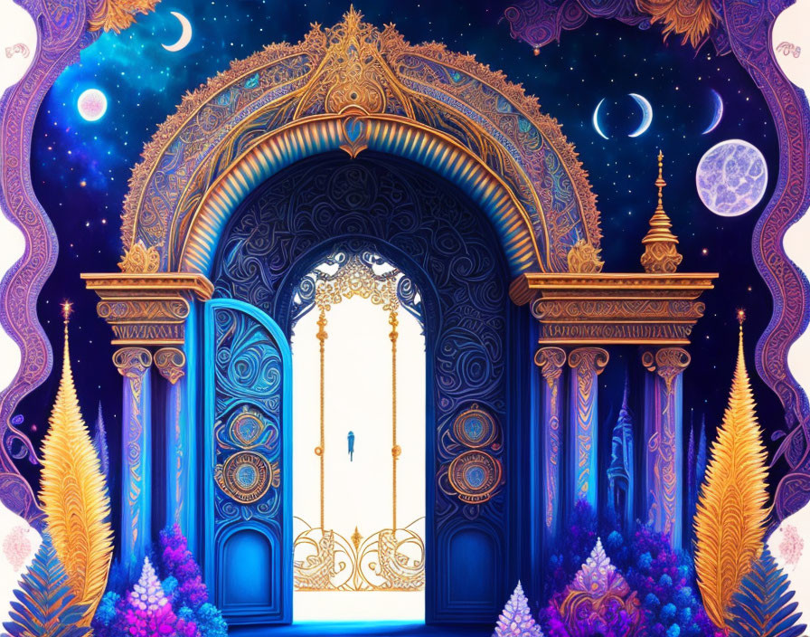 Fantastical celestial-themed archway with blue and purple hues and golden details surrounded by whimsical flora