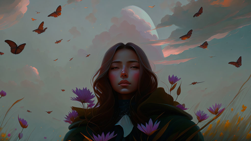 Serene woman with flowers, butterflies, moon, and dusky sky illustration