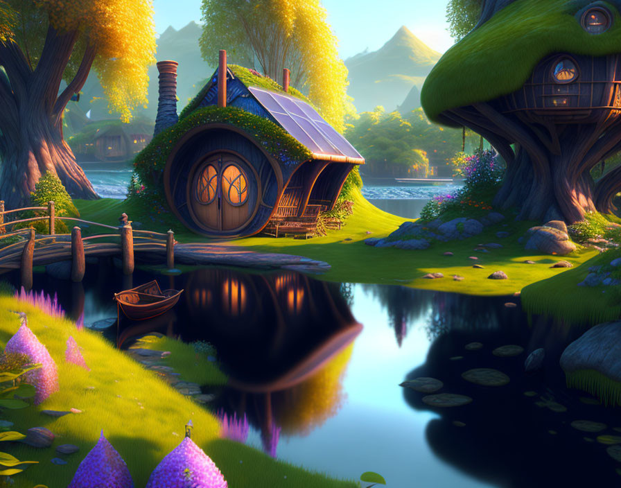 Whimsical tree houses by tranquil river with boat & vibrant flora