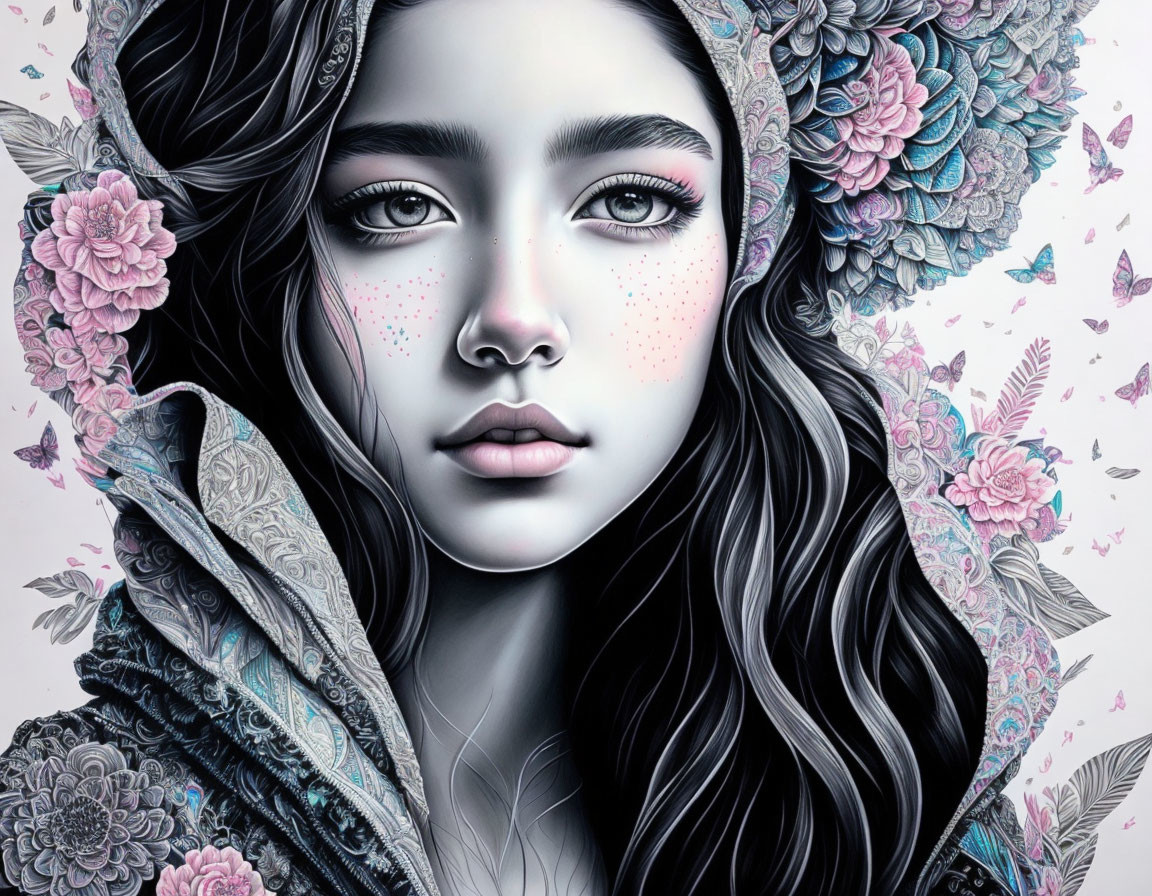 Dark-haired girl with floral adornments in intricate, cool-toned illustration