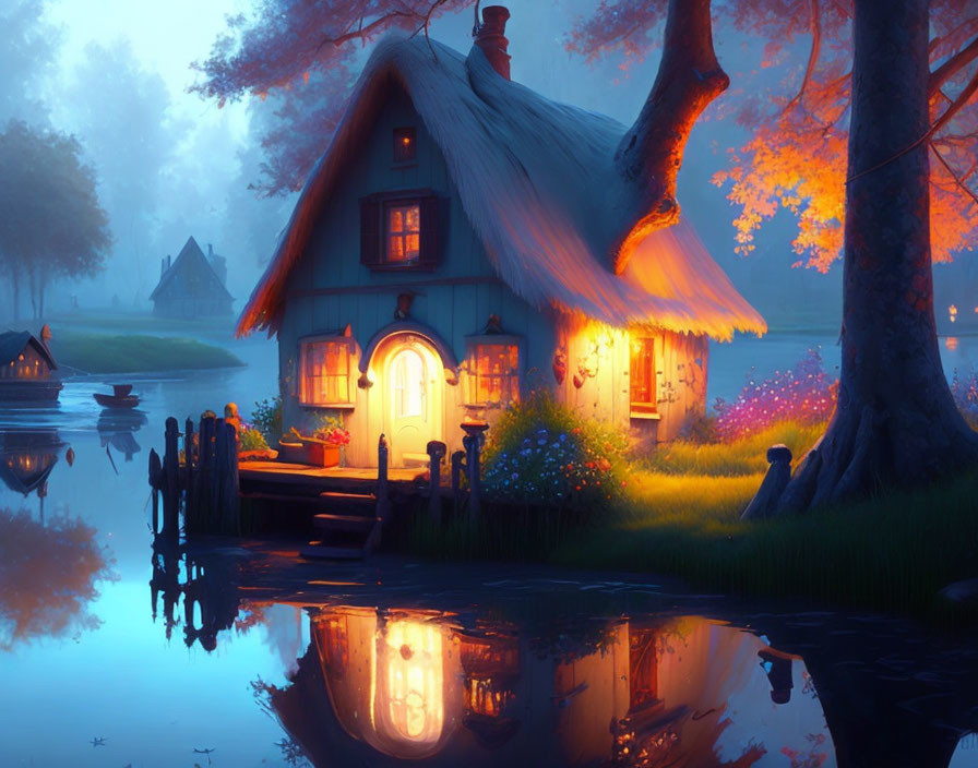 Thatched-Roof Cottage by Serene Lake at Dusk