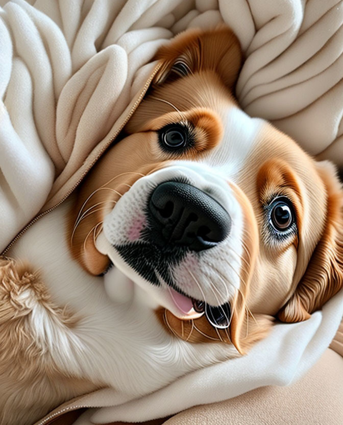 Playful dog wrapped in cream blanket gazes at camera with tilted head and tongue out