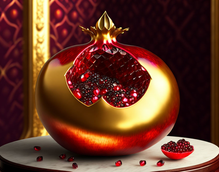 Golden pomegranate with red seeds on regal background