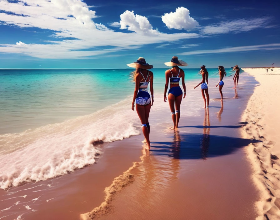 Women in swimsuits and hats walking on sunny beach by clear blue water