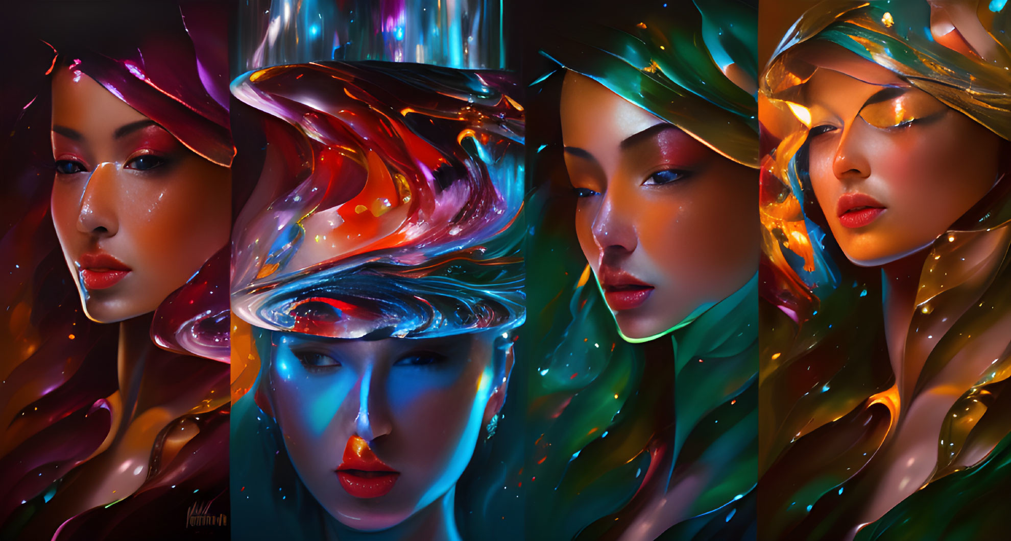 Five Vibrant Stylized Portraits of Woman with Flowing Colorful Shapes