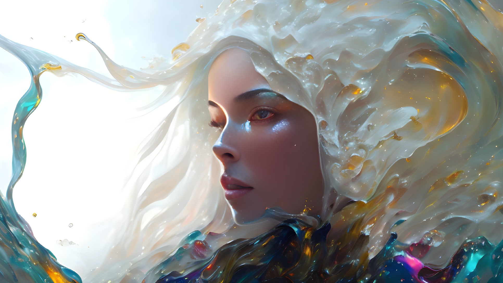 Vibrant surreal portrait of a woman with abstract flowing hair