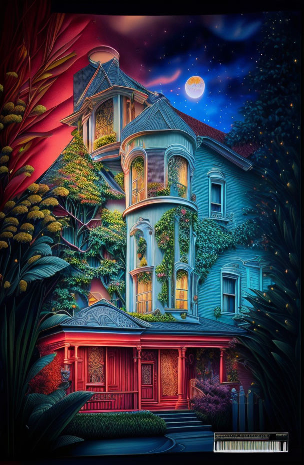 Digital illustration of Victorian house at night with full moon