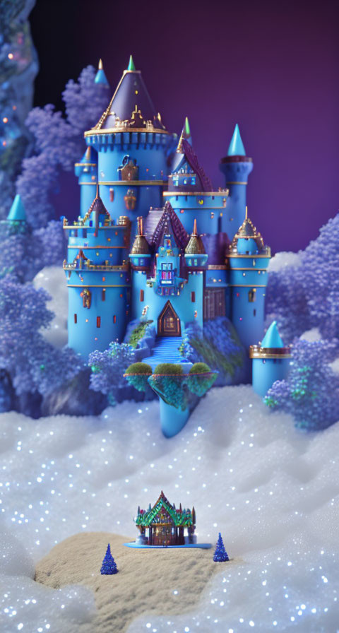 Illuminated blue castle on snowy hill with village and frost-covered trees under purple sky