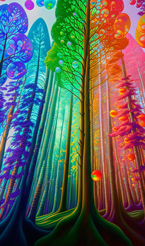 Colorful Psychedelic Forest with Floating Bubbles and Luminous Hues