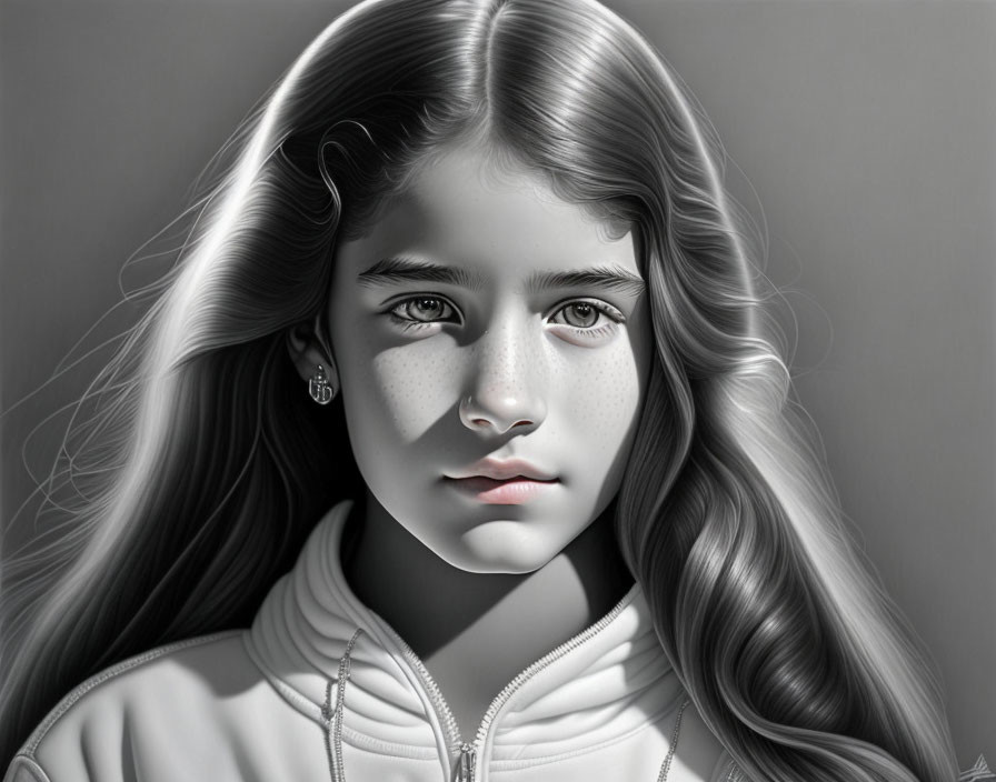 Monochromatic portrait of young girl with wavy hair and freckles