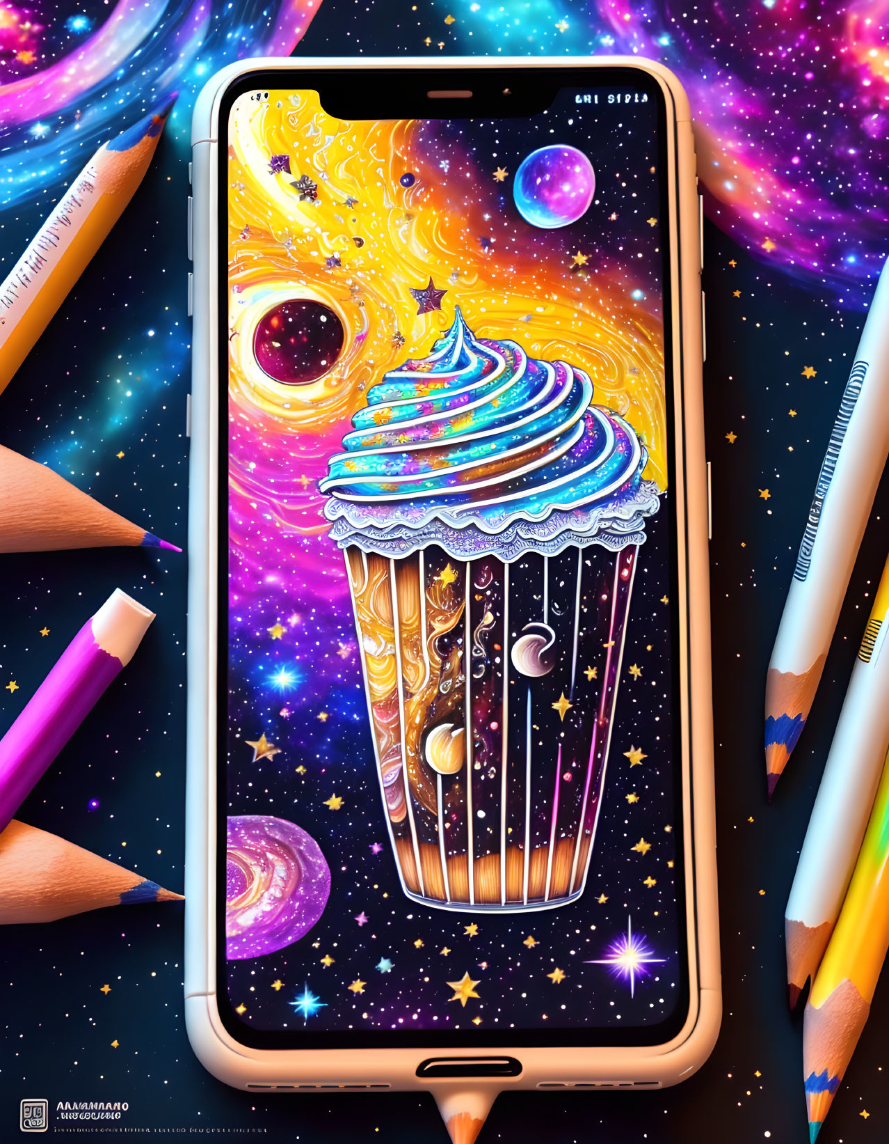 Colorful Cosmic Cupcake Illustration on Smartphone Display