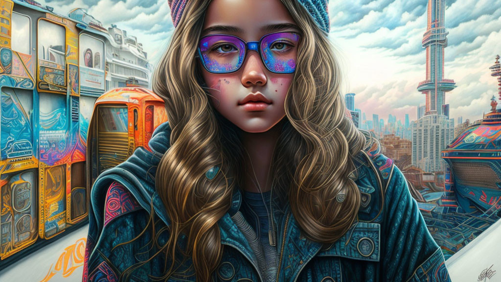 Digital Artwork: Young Girl with Wavy Hair and Glasses Reflecting Urban Skyline