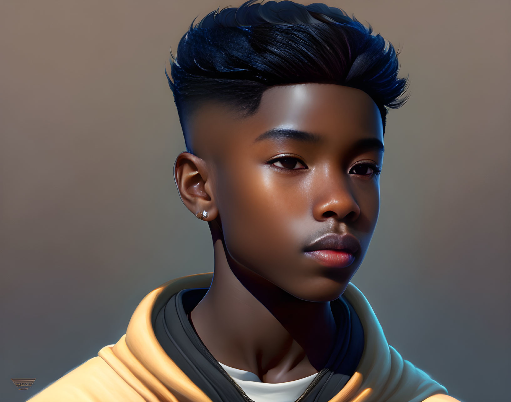 Young person in hoodie with stylish swept-up hair in detailed digital artwork