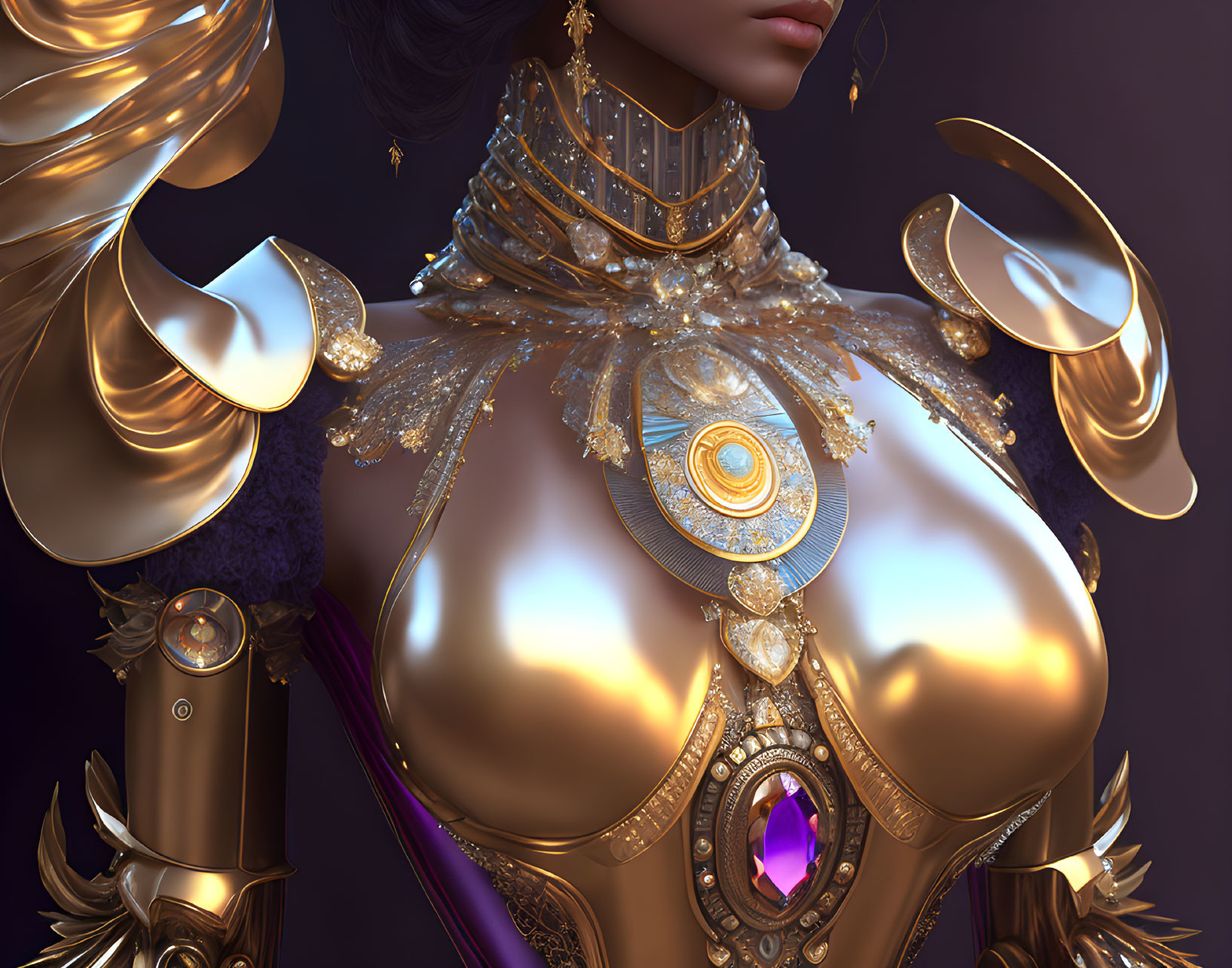 Detailed 3D-rendered female character in golden armor with purple gems