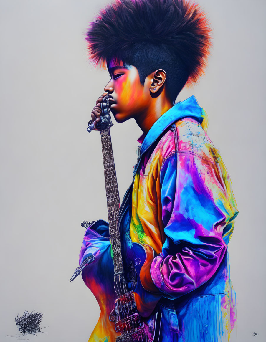 Colorful person with paint-splattered jacket and vibrant mohawk holding a guitar