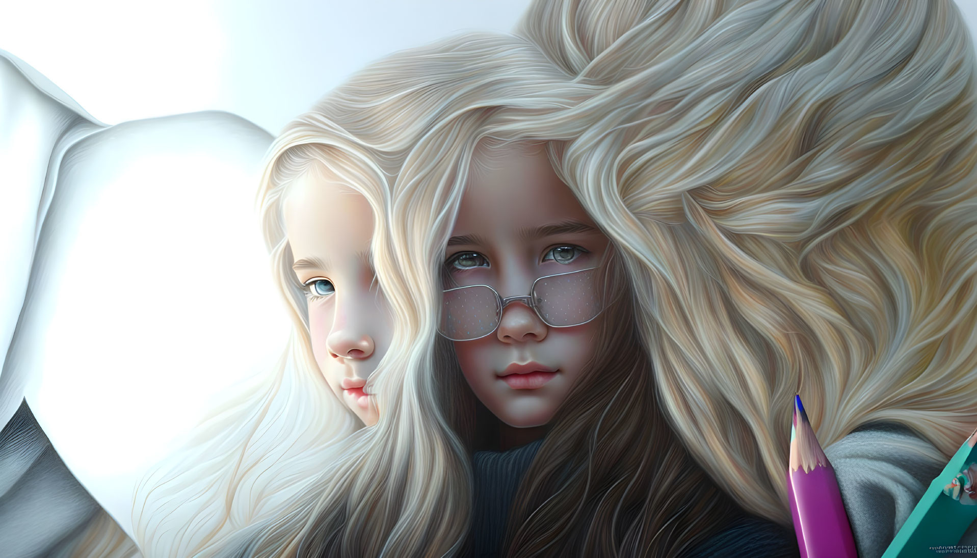 Illustrated Girls with Blond Hair and Glasses Next to Colored Pencils