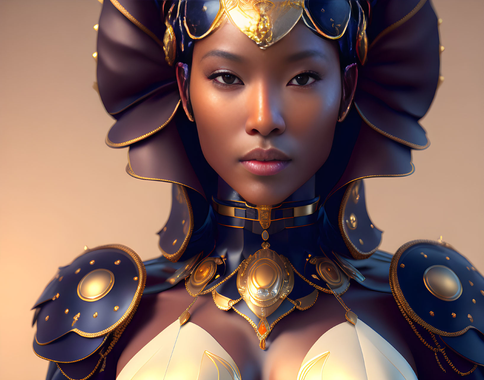 Detailed digital artwork: Woman with golden headdress and armored shoulder pieces