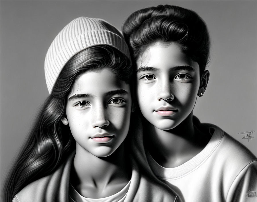 Monochrome illustration of two young individuals with distinct facial features