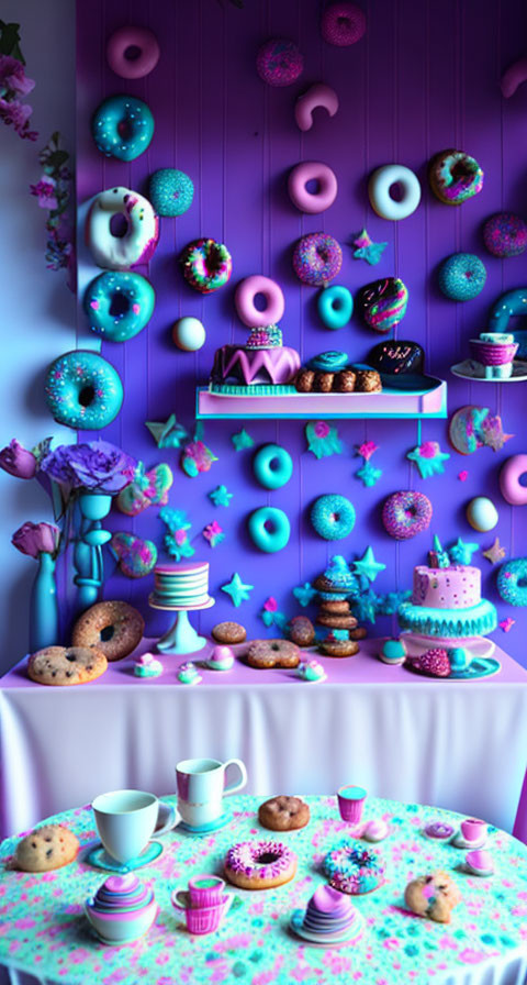 Colorful Dessert-Themed Room with Doughnuts, Cakes, and Pastries