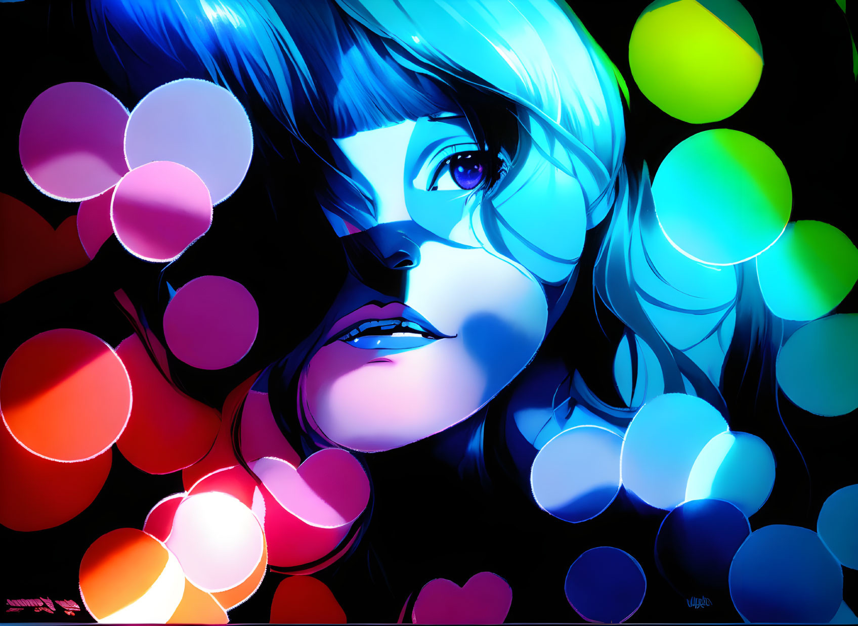 Colorful digital artwork: Female face in luminous bubbles