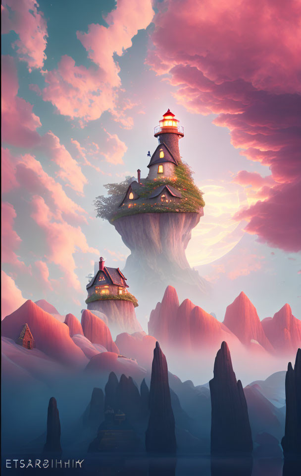 Fantastical floating island with lighthouse under pink sky