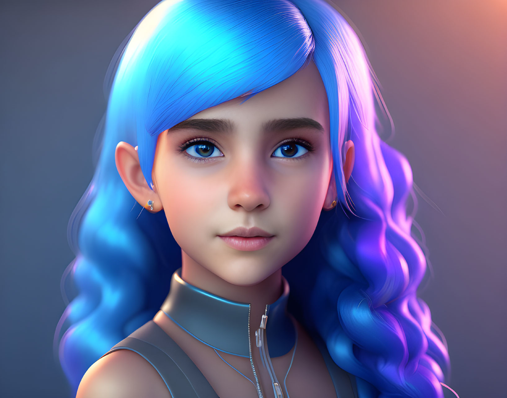 Digital artwork featuring girl with blue and purple hair and pointed ears in sleek outfit against moody background