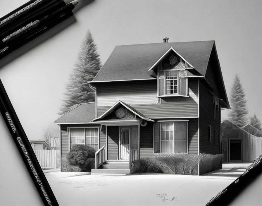 Monochromatic pencil drawing of a two-story house with porch and trees, bordered by drawing pencils