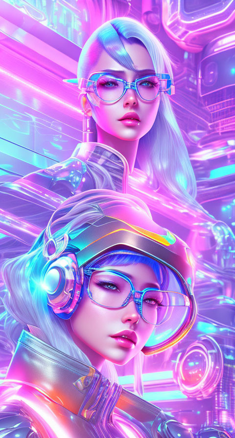 Futuristic females with colorful hair in stylish glasses and headphones on neon-lit backdrop