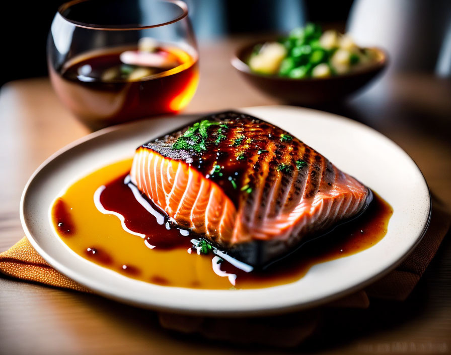 Grilled Salmon Fillet with Teriyaki Glaze on White Plate