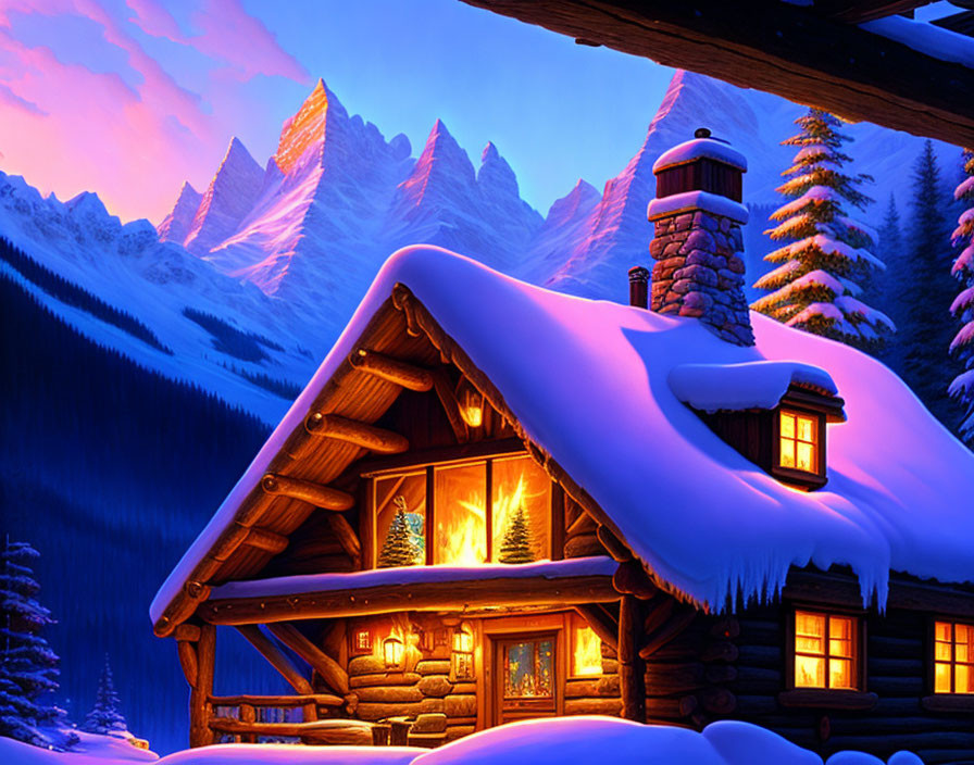 Snow-covered log cabin in twilight mountains with pink sky