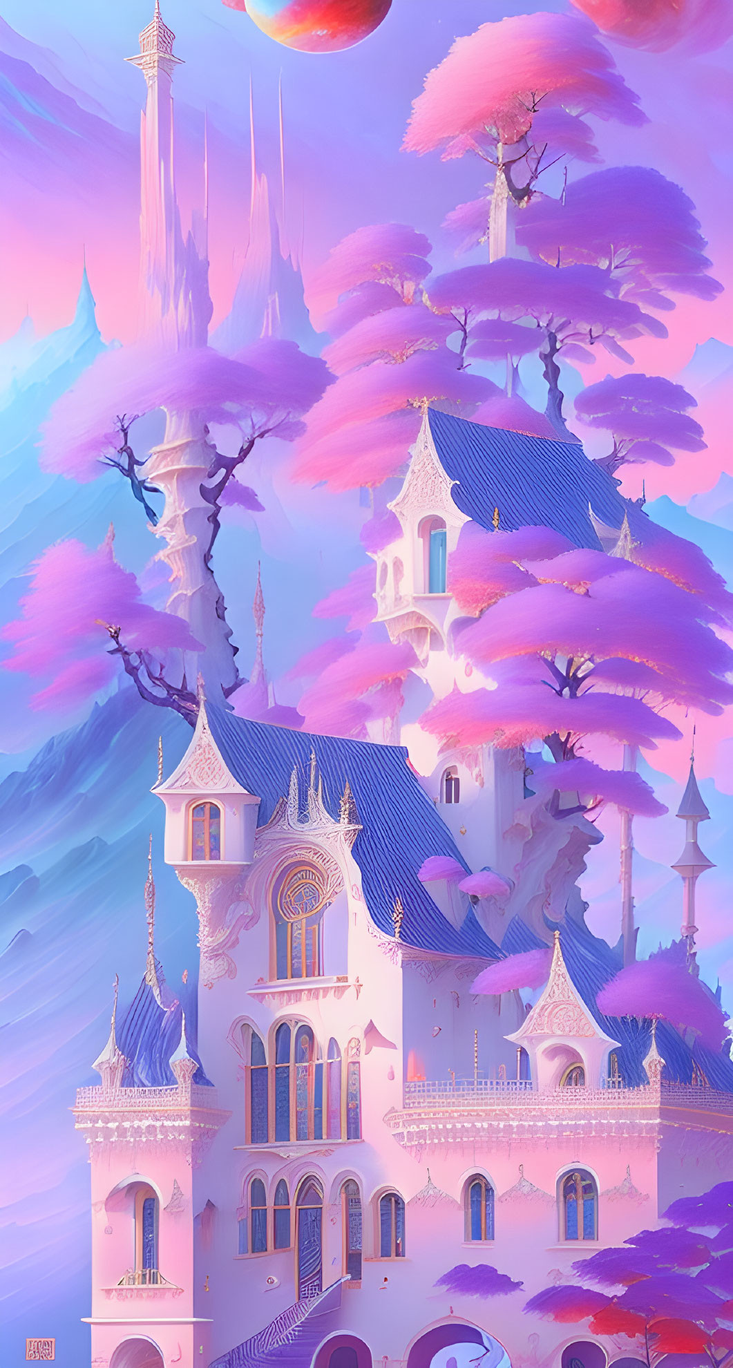 Whimsical pastel-colored fantasy castle on floating islands with giant moons