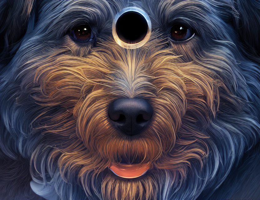 Detailed Close-up of Dog's Face with Expressive Eyes and Shiny Nose under Solar Eclipse